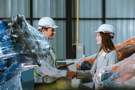 Senior engineer provides guidance to a trainee amidst robotic arms in a high-tech warehouse factory setting.の写真素材