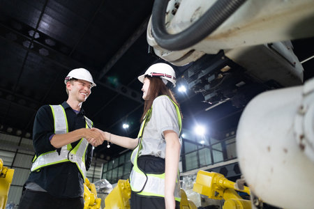 Senior engineer provides guidance to a trainee amidst robotic arms in a high-tech warehouse factory setting.の写真素材