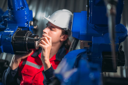 Robotic technician conduct specialized maintenance on an industrial robotic arm in a manufacturing plant.の写真素材