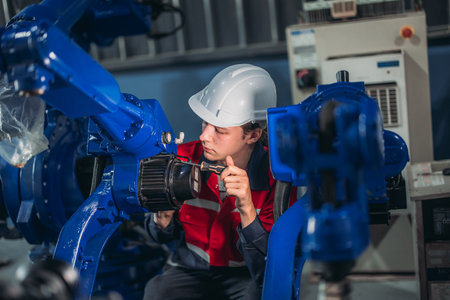 Robotic technician conduct specialized maintenance on an industrial robotic arm in a manufacturing plant.の写真素材