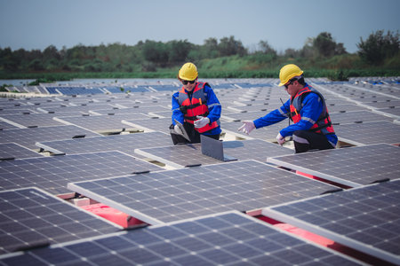 Software engineers collaborate, discuss ways to enhance a smart energy analytics app for floating...