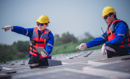 Software engineers collaborate, discuss ways to enhance a smart energy analytics app for floating solar operation. Real-time monitoring optimizes data usage, analyzes efficient consumption insights.の写真素材