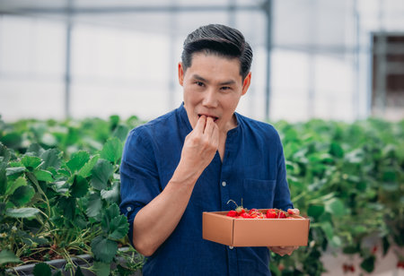 A man tastes a freshly picked strawberry while holding a box full of berries.の写真素材