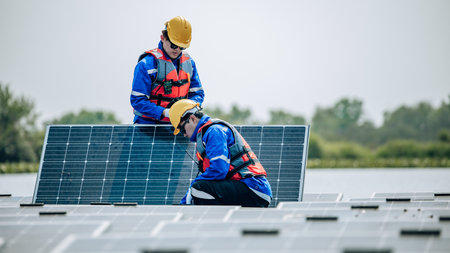 Two solar engineers wearing protective gear and helmets visually inspect the alignments, stability, and quality assurance of a large array of floating solar panels to meet standard requirements.の写真素材