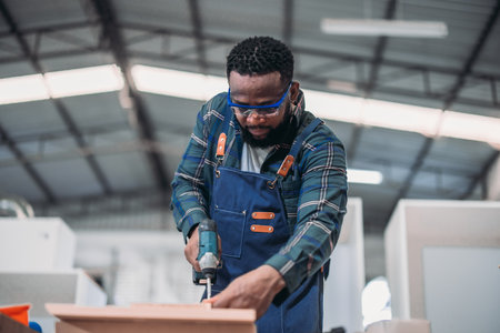 The carpenter uses a power drill to make accurate holes in the wood, skillfully creating the furniture product with experienced precision.の写真素材