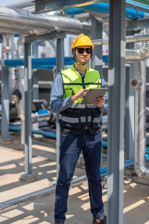 HVAC technician use tablet to record data and conduct real-time analysis. Using specialized software to diagnose and optimize mechanical, electrical, and plumbing systems with energy efficiency planの写真素材