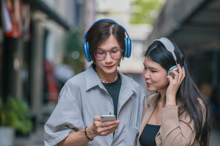 Asian lovers engage in playful interactions outdoors. Their eyes meet with affectionate gaze,...