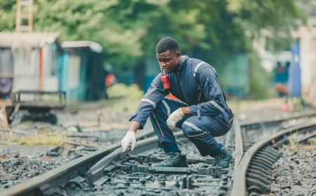 The locomotive maintenance engineer, dressed in safety gear, inspects the railway track for signs of wear and proper alignment. Focus on detail and precision. Ensuring it meets all safety standards.の写真素材