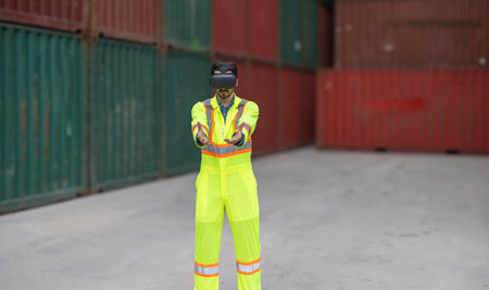 Warehouse worker uses virtual reality technology to interact with logistics environment. modern...