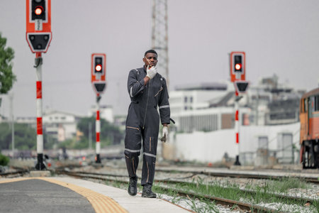 A railway signal maintainer communicates via radio while walking along the tracks, ensuring safety and coordination. The critical role of maintenance in the efficient operation of the railway system.の写真素材