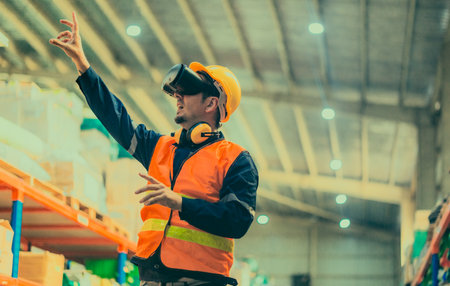 A warehouse worker wearing virtual reality goggles to interact with digital interface in modern...