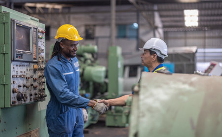 Two industrial workers in safety gear, including helmets and reflective vests, shake hands in a...