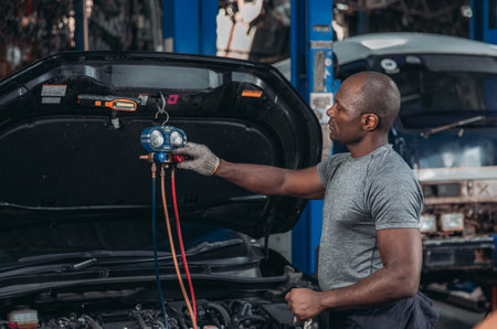 A skilled automotive technician uses manifold gauges to diagnose and service the air conditioning...