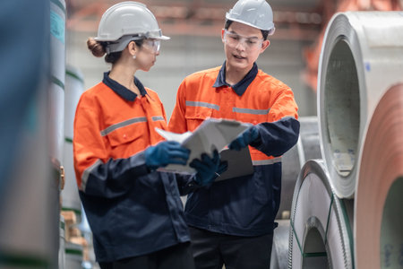 A male and female engineer perform a meticulous inventory audit, walking through the storage area of...