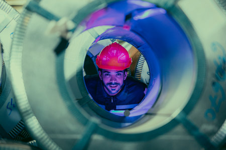 Engineer closely inspects equipment on the production line, emphasizing an attention to detail in a...