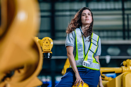 A young female engineer stands confidently in an industrial facility, wearing a safety vest and...