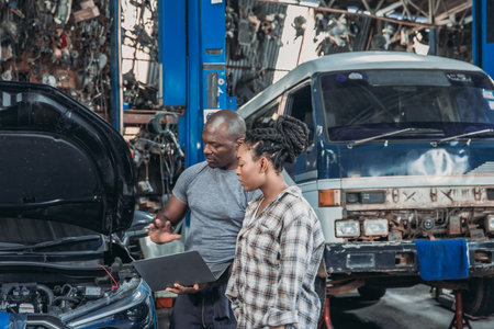 A mechanic and a customer are engaged in a conversation about vehicle repairs. Tools and parts surround them in a busy auto shop filled with various vehicles.の写真素材