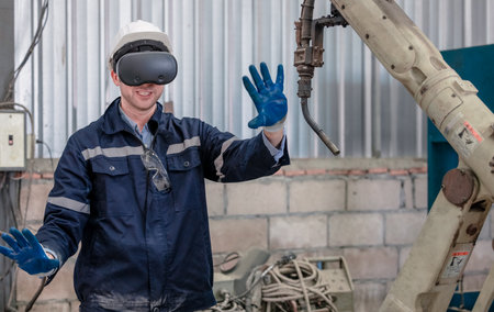 A worker donning a VR headset and gloves engages in a training session within an industrial facility. Robotics and equipment surround him, highlighting innovative technology applications.の写真素材