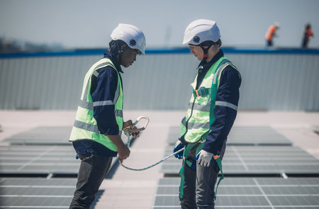 Two workers wearing safety gear collaborate on a rooftop to install solar panels. Bright sunlight...