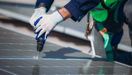 A worker in safety gear is using a drill to secure solar panels on a rooftop under bright sunlight....