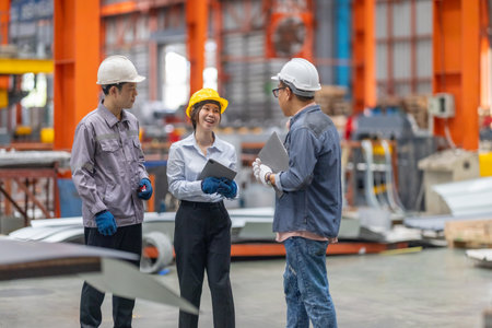 A team of engineers professionals, engages with a client during a consultation session at a bustling metal sheet factory, discussing project specifics and industry solutions.の写真素材