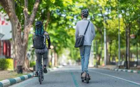 Young people commuting to work using eco-friendly transportation including electric scooters and...
