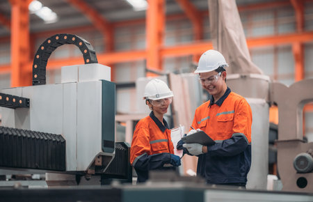 Two engineers in a metal sheet factory discuss over a laser cutting machine, examining technical...