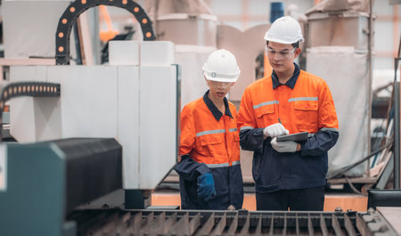 Two engineers in a metal sheet factory discuss over a laser cutting machine, examining technical drawings and ensuring alignment with production specifications.の写真素材