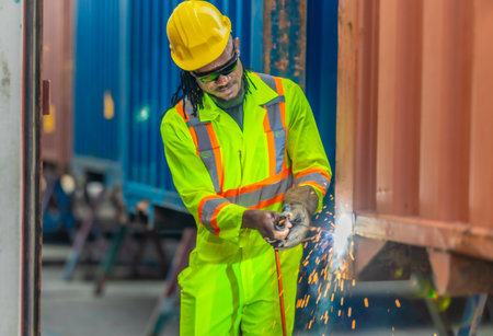 Technician is welding shipping containers in an industrial setting. Sparks fly  ensuring container's structural integrity. Industrial maintenance, safety, and skilled labor in logistics environmentの写真素材
