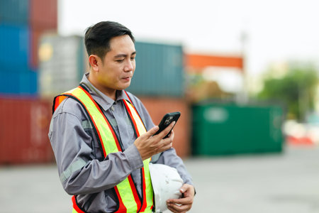 Logistics worker standing at a shipping container yard. He looks ahead with confidence, representing...