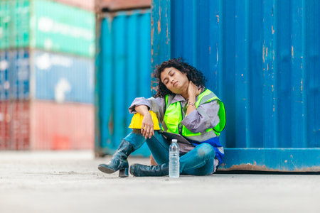 Fatigued female worker sits against shipping container, wiping sweat from her forehead while holding a water bottle and hard hat. Highlighting exhaustion, workplace stress, impact of physical laborの写真素材