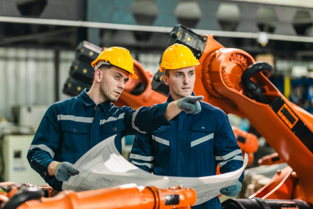 Engineer analyze blueprint in robotic facility to monitor carbon footprint and optimize emissions reduction. Developing sustainable manufacturing, energy efficiency, eco friendly industrial processesの写真素材