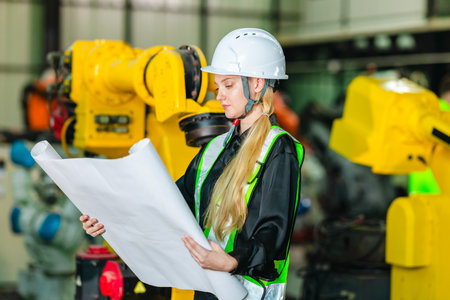 Engineer analyze blueprint in robotic facility to monitor carbon footprint and optimize emissions reduction. Developing sustainable manufacturing, energy efficiency, eco friendly industrial processesの写真素材