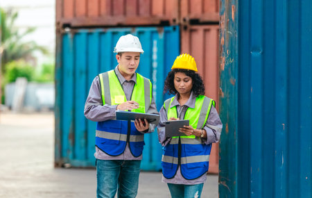 Industrial container workers discussing eco-friendly logistics strategies. Reducing fuel...