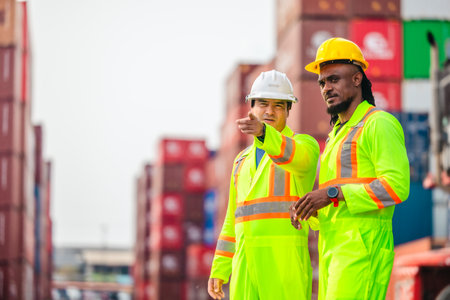 Industrial container workers discussing eco-friendly logistics strategies. Reducing fuel consumption, lowering carbon footprints, and implementing zero-emission practices in supply chain operations.の写真素材