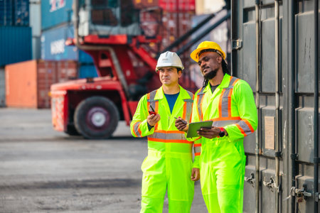 Industrial container workers discussing eco-friendly logistics strategies. Reducing fuel...
