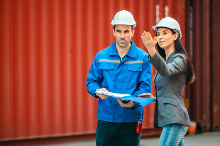 Industrial container workers discussing eco-friendly logistics strategies. Reducing fuel...
