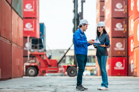 Industrial container workers discussing eco-friendly logistics strategies. Reducing fuel...