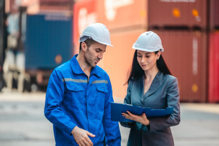 Industrial container workers discussing eco-friendly logistics strategies. Reducing fuel consumption, lowering carbon footprints, and implementing zero-emission practices in supply chain operations.の写真素材
