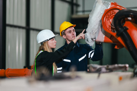Engineer and technician in safety gear collaborate while inspecting robotic arm machinery in a...