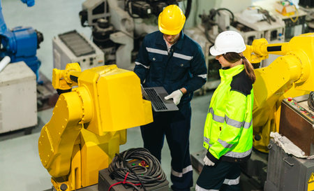 Engineer and technician in safety gear collaborate while inspecting robotic arm machinery in a modern factory setting. The scene highlights teamwork, technology, and advanced manufacturing processesの写真素材