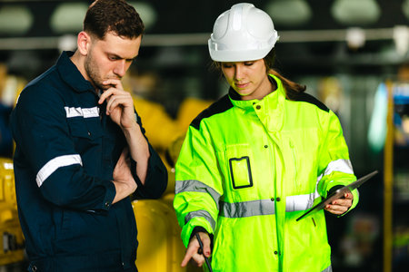 Engineer and technician in safety gear collaborate while inspecting robotic arm machinery in a modern factory setting. The scene highlights teamwork, technology, and advanced manufacturing processesの写真素材