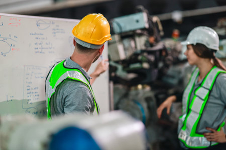 Engineer and technician in safety gear collaborate while inspecting robotic arm machinery in a...
