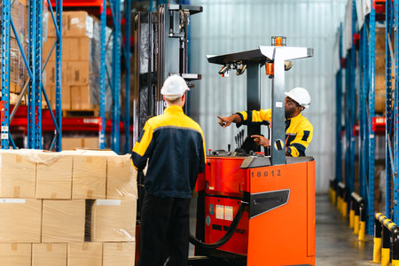 Two warehouse workers in safety gear organizing boxes on a pallet, preparing for transport with a forklift in a modern industrial storage facility.の写真素材