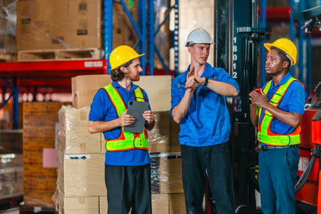 Three warehouse workers in safety vests and helmets coordinating logistics with a tablet and...