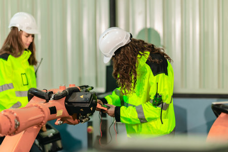 Robotic technicians perform safety maintenance,  using a digital clamp meter to measure the current,...