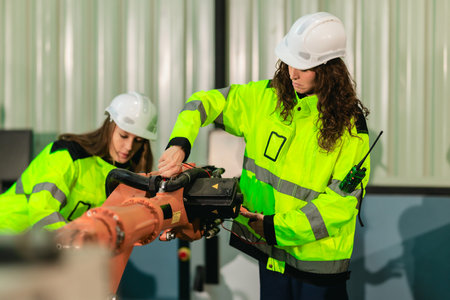 Robotic technicians perform safety maintenance,  using a digital clamp meter to measure the current, voltage, resistance, capacity, and temperature of robotic arms inside an industrial facility.の写真素材