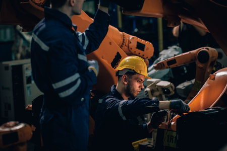 Factory technician performs mechanical maintenance on robotic arm inside industrial facility. Highlighting precision engineering, safety protocols, and automation in modern manufacturing environmentsの写真素材