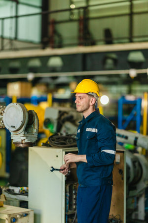 Factory technician performs mechanical maintenance on robotic arm inside industrial facility. Highlighting precision engineering, safety protocols, and automation in modern manufacturing environmentsの写真素材