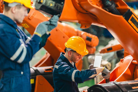 Factory technician performs mechanical maintenance on robotic arm inside industrial facility. Highlighting precision engineering, safety protocols, and automation in modern manufacturing environmentsの写真素材
